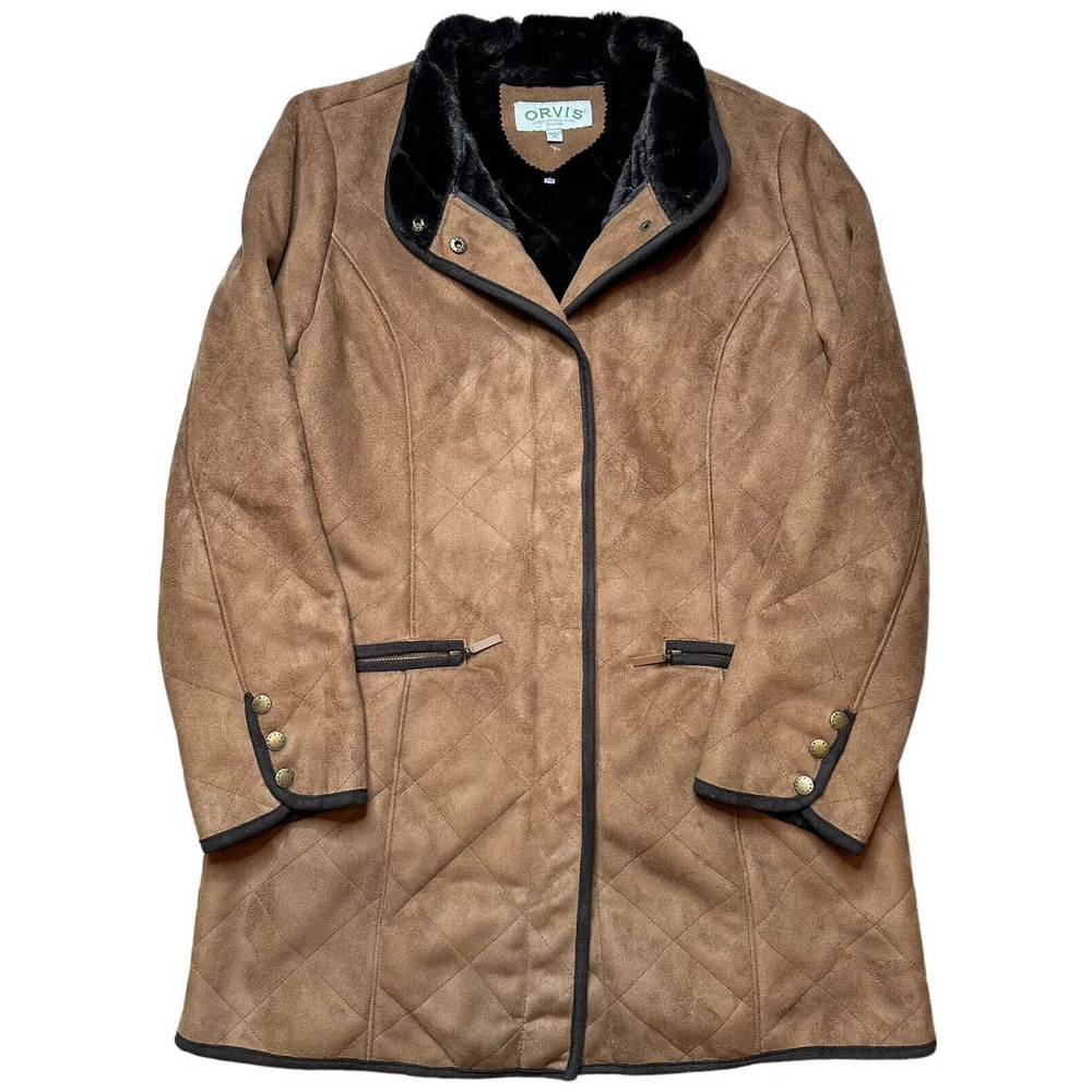 Orvis Quilted Coat Womens Brown Faux Suede Sporting Traditions Faux Fur Lined M